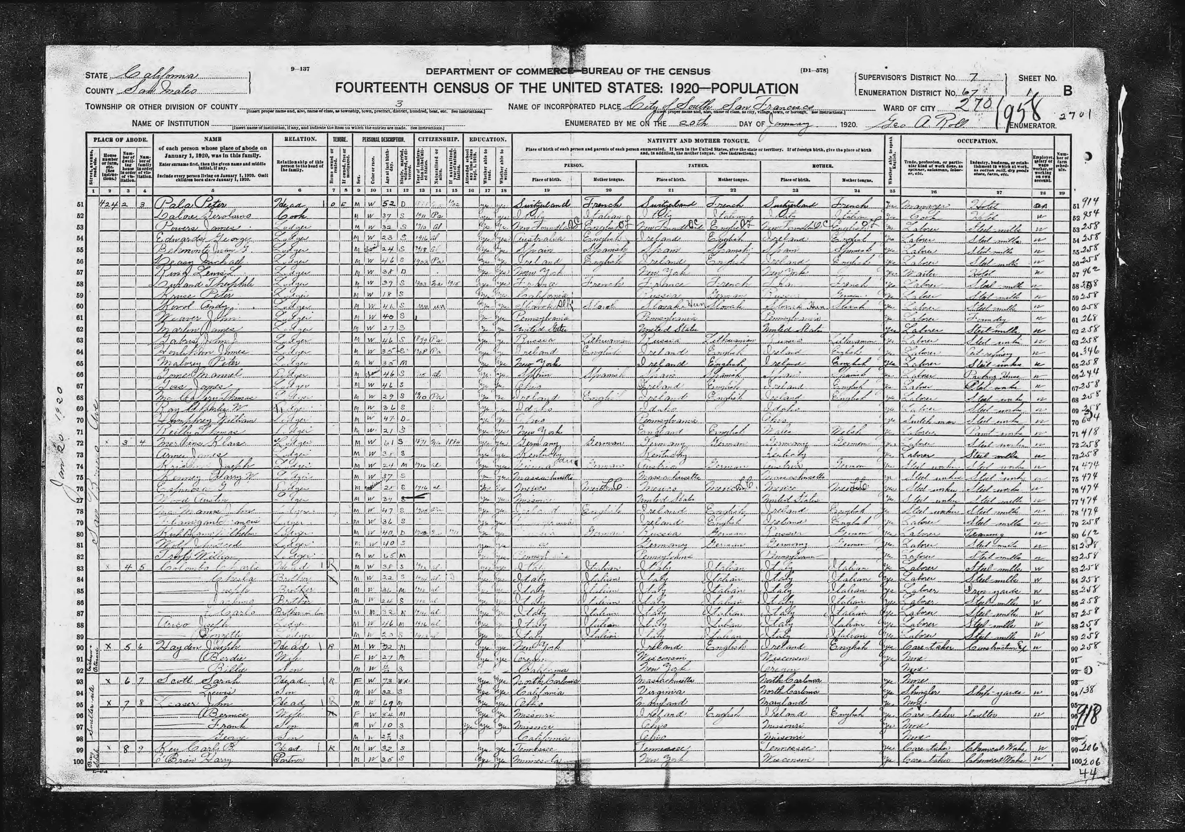 John McManus 1920 Census