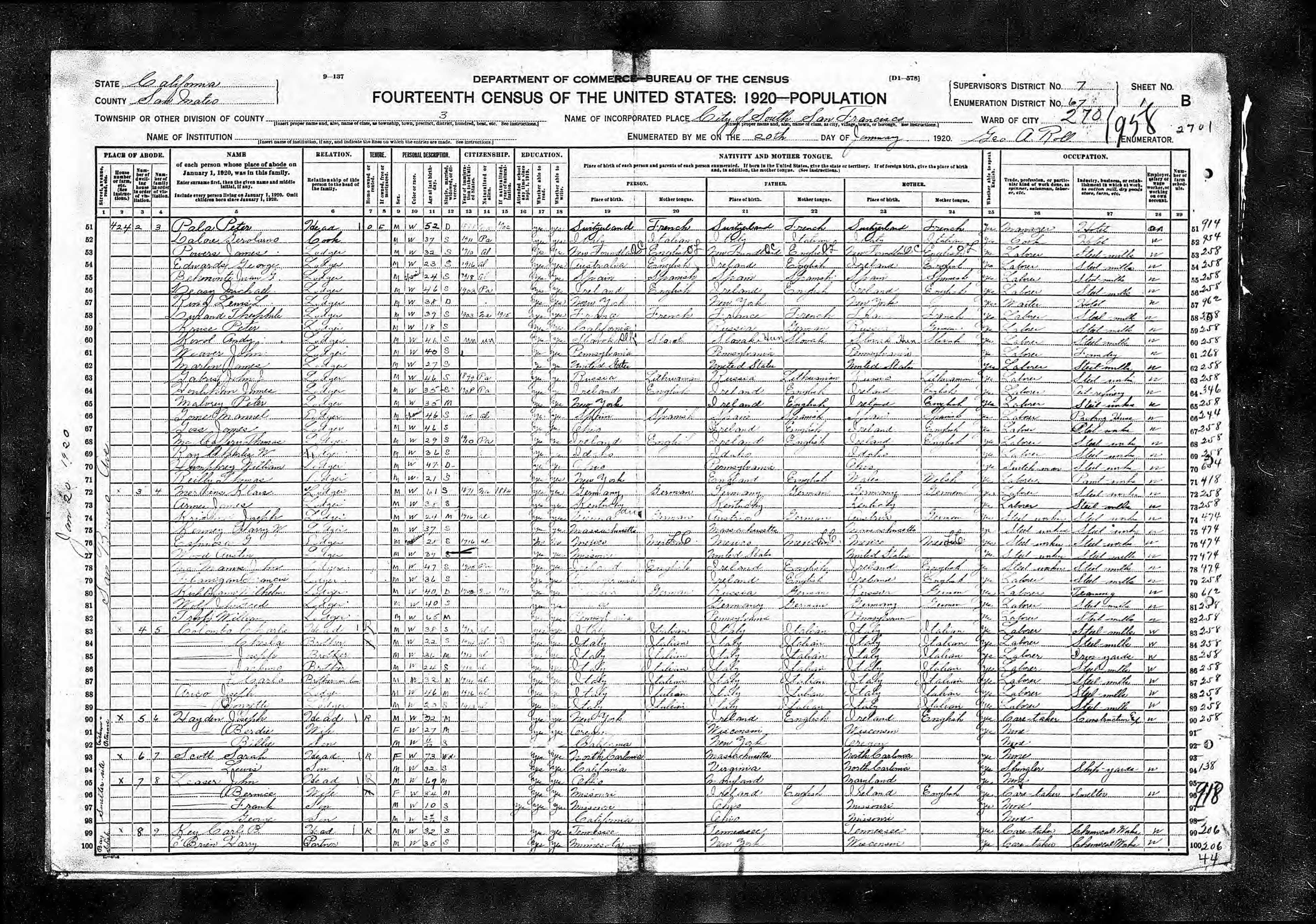 John McManus 1920 Census