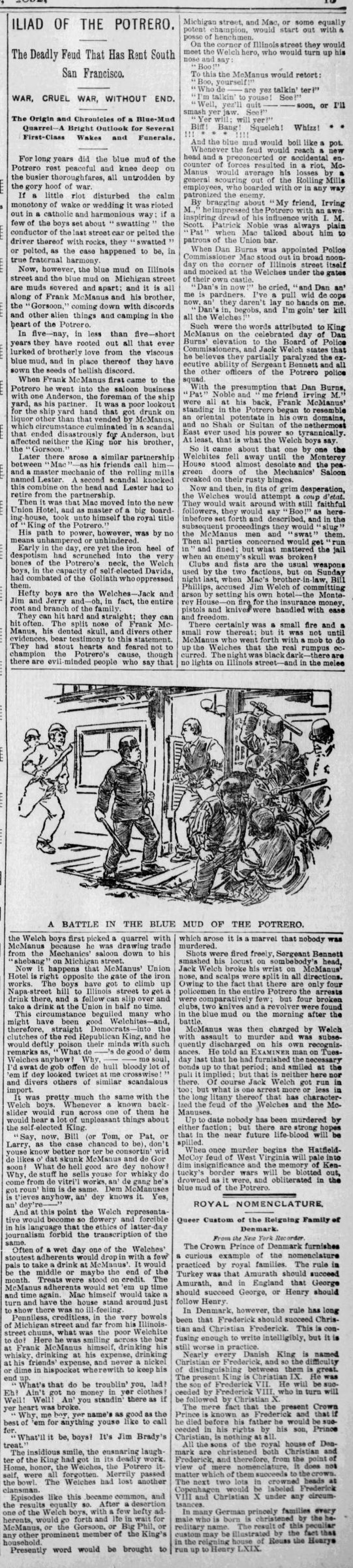 Iliad of the Potrero, The Examiner, Sunday, 28 February 1892. The crop also includes part of an unrelated Royal Nomenclature article.