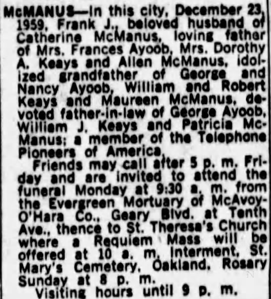 Frank J. McManus obituary, supplied image; The San Francisco Examiner, 27 December 1959.