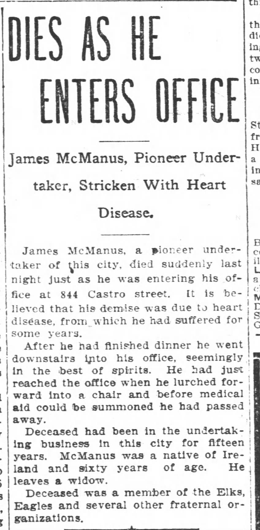 Dies as He Enters Office — Oakland Tribune, 28 July 1906.