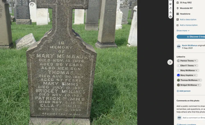 Supplied photograph of the shared Mary McManus, Thomas McManus, Mary Timms, Bridget McManus, Patrick Timms and Ella F. Timms monument.