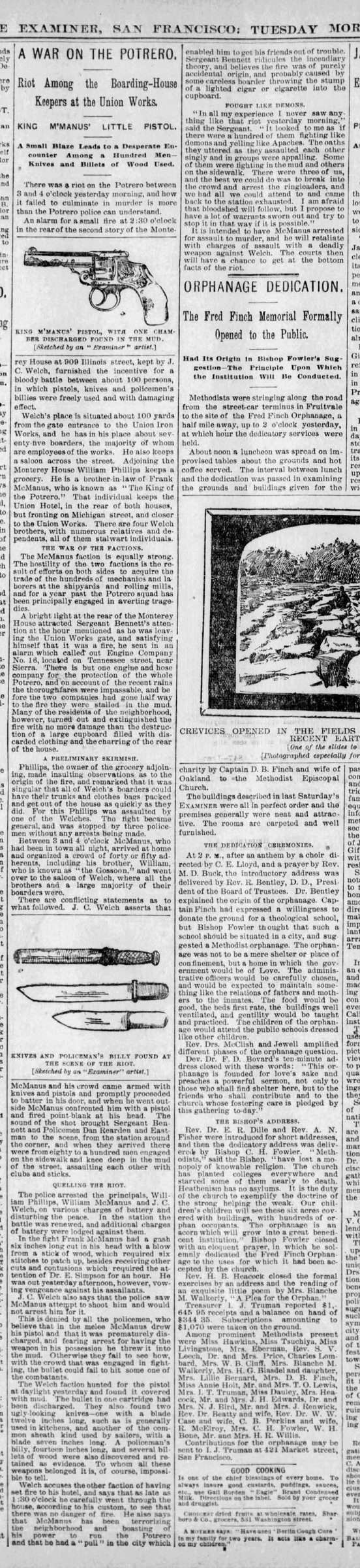 A War on the Potrero, The Examiner, 23 February 1892. The adjacent Orphanage Dedication article is unrelated.