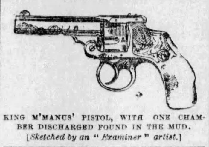 The Examiner’s pistol illustration, 23 February 1892. The accompanying report records McManus’s denial of ownership.
