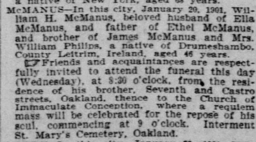 Funeral notice naming Ella, Ethel, James and Mrs. William Philips.