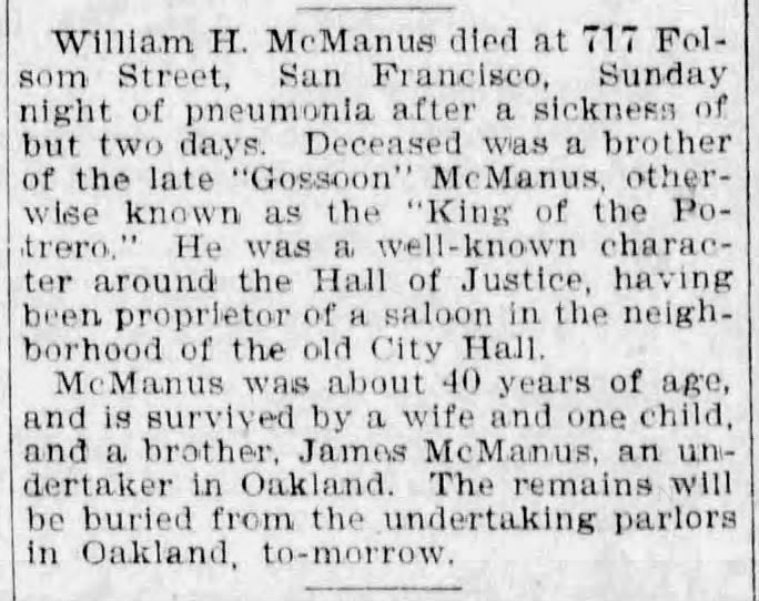 William H. McManus pneumonia obituary, The Evening Bee, 22 January 1901.