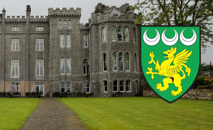 Two heraldic shields shown against a castle backdrop.